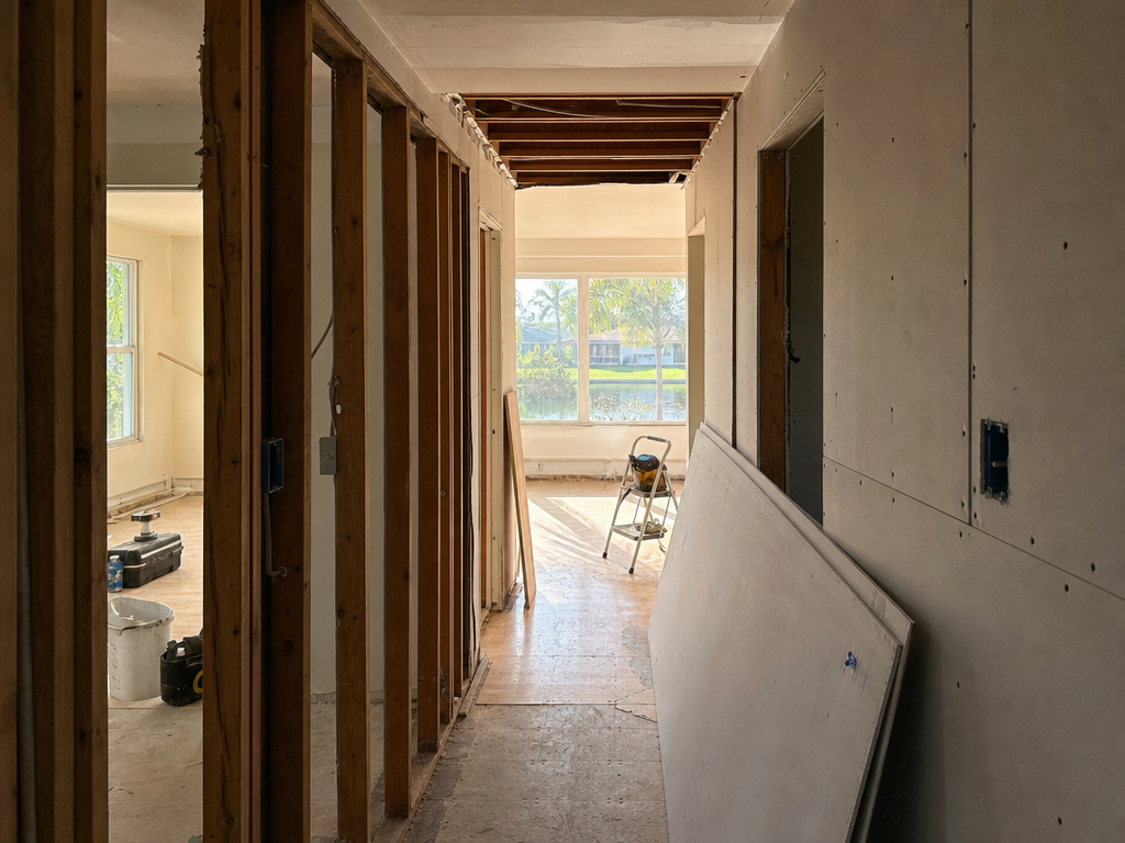 Florida home interior undergoing renovation with exposed wood framing and fresh drywall